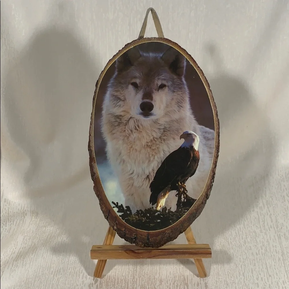 Vintage Wooden Eagle & Wolf Wall Plaque